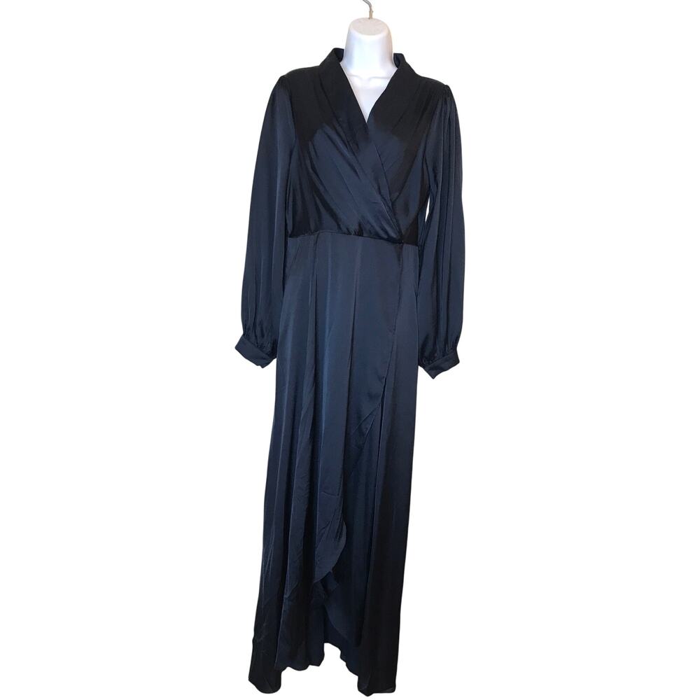 Vici x Fate Navy Blue Satin Maxi Faux Wrap Shirt Dress M Long Sleeve